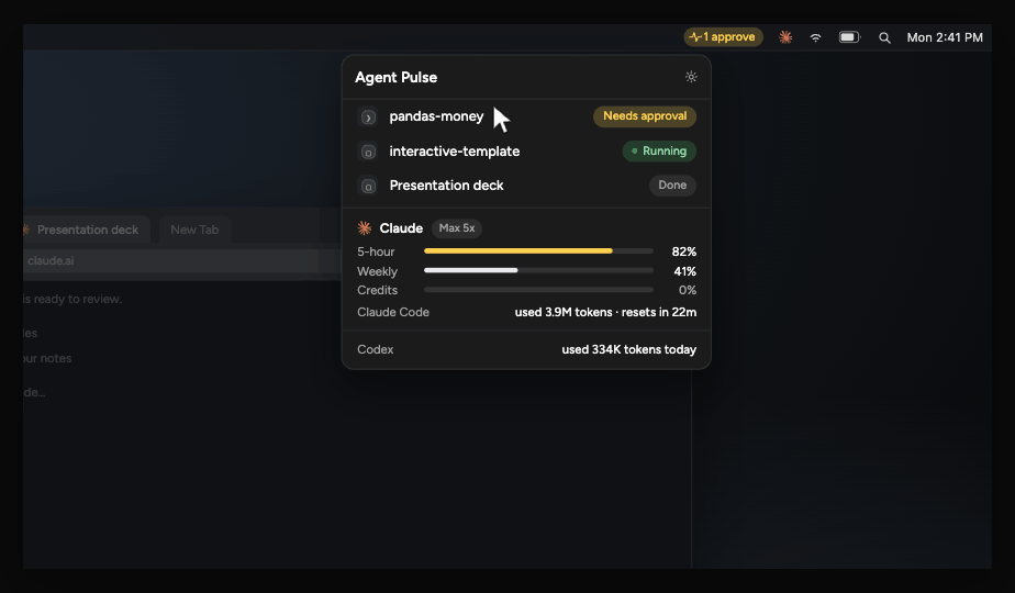 AgentPulse menu bar panel — three agents, one view